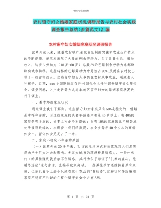 农村留守妇女婚姻家庭状况调研报告与农村社会实践调查报告总结汇编