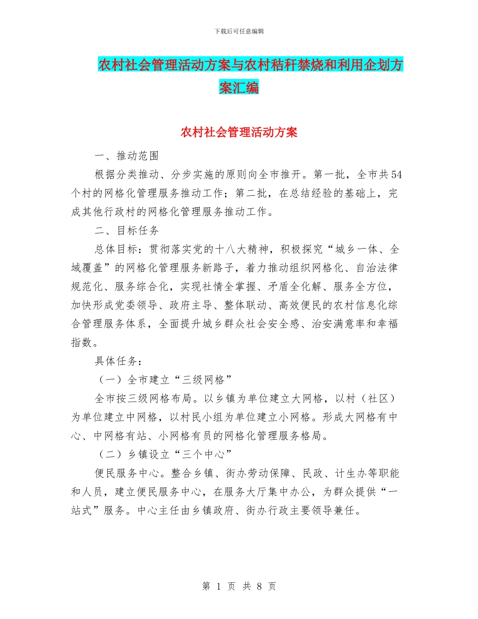 农村社会管理活动方案与农村秸秆禁烧和利用企划方案汇编_第1页
