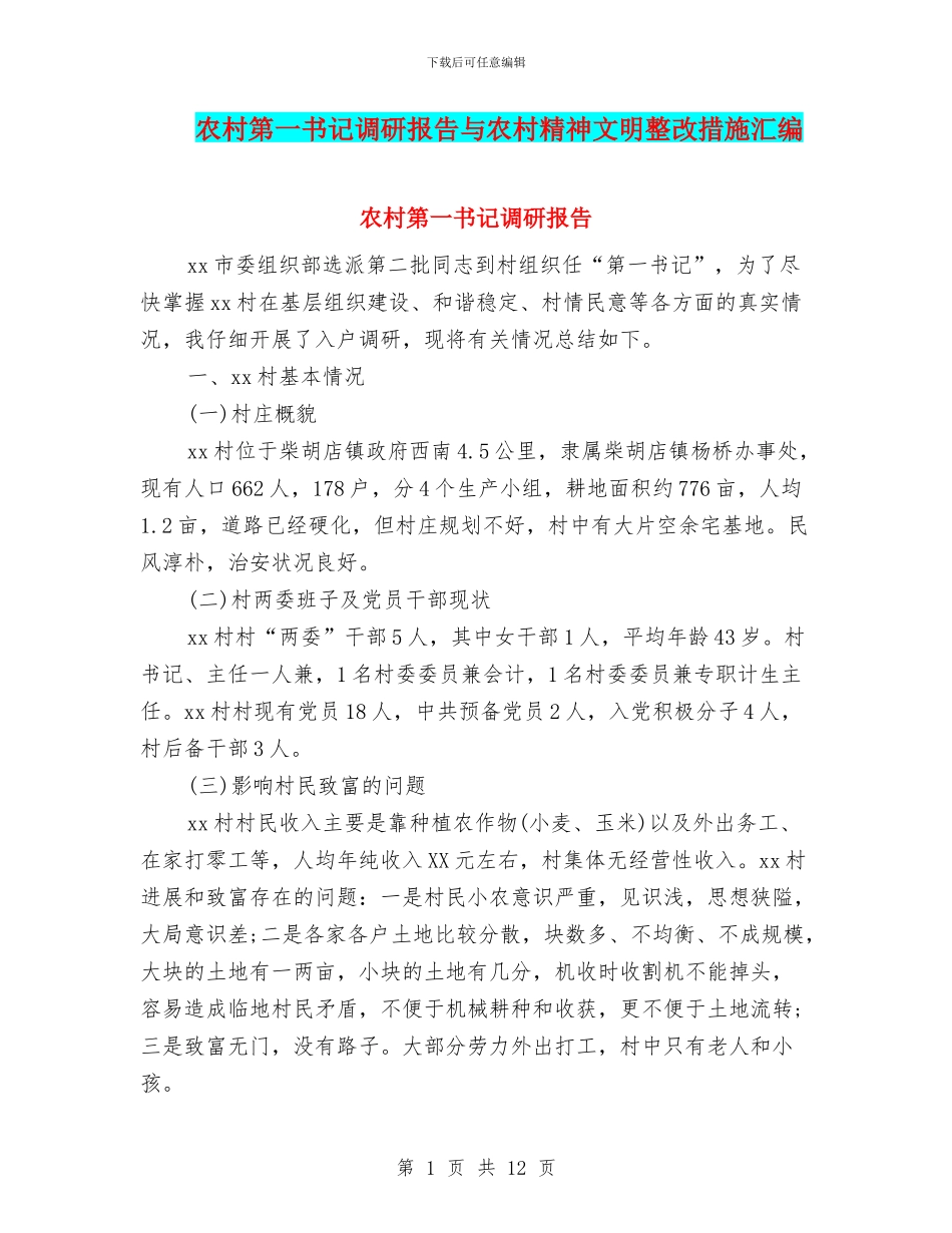 农村第一书记调研报告与农村精神文明整改措施汇编_第1页