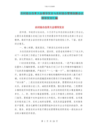 农村综合改革大会领导发言与农村综合管理创新会议领导发言汇编