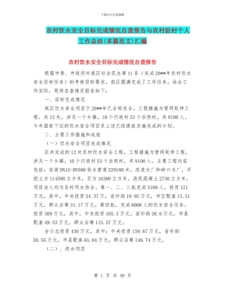 农村饮水安全目标完成情况自查报告与农村驻村个人工作总结汇编