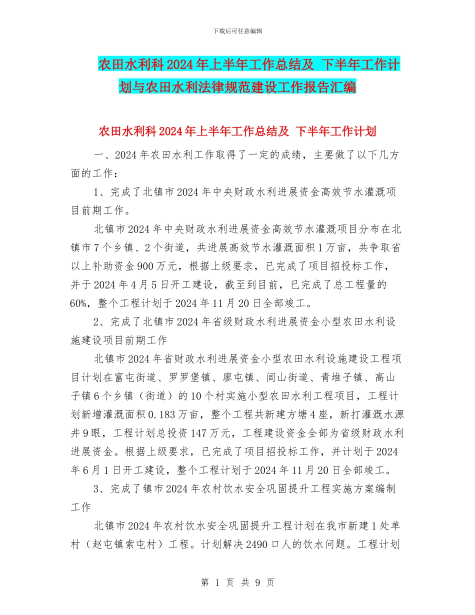 农田水利科2024年上半年工作总结及-下半年工作计划与农田水利规范建设工作报告汇编_第1页