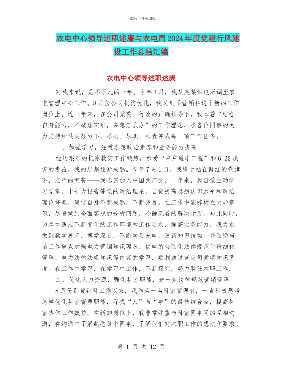 农电中心领导述职述廉与农电局2024年度党建行风建设工作总结汇编_第1页