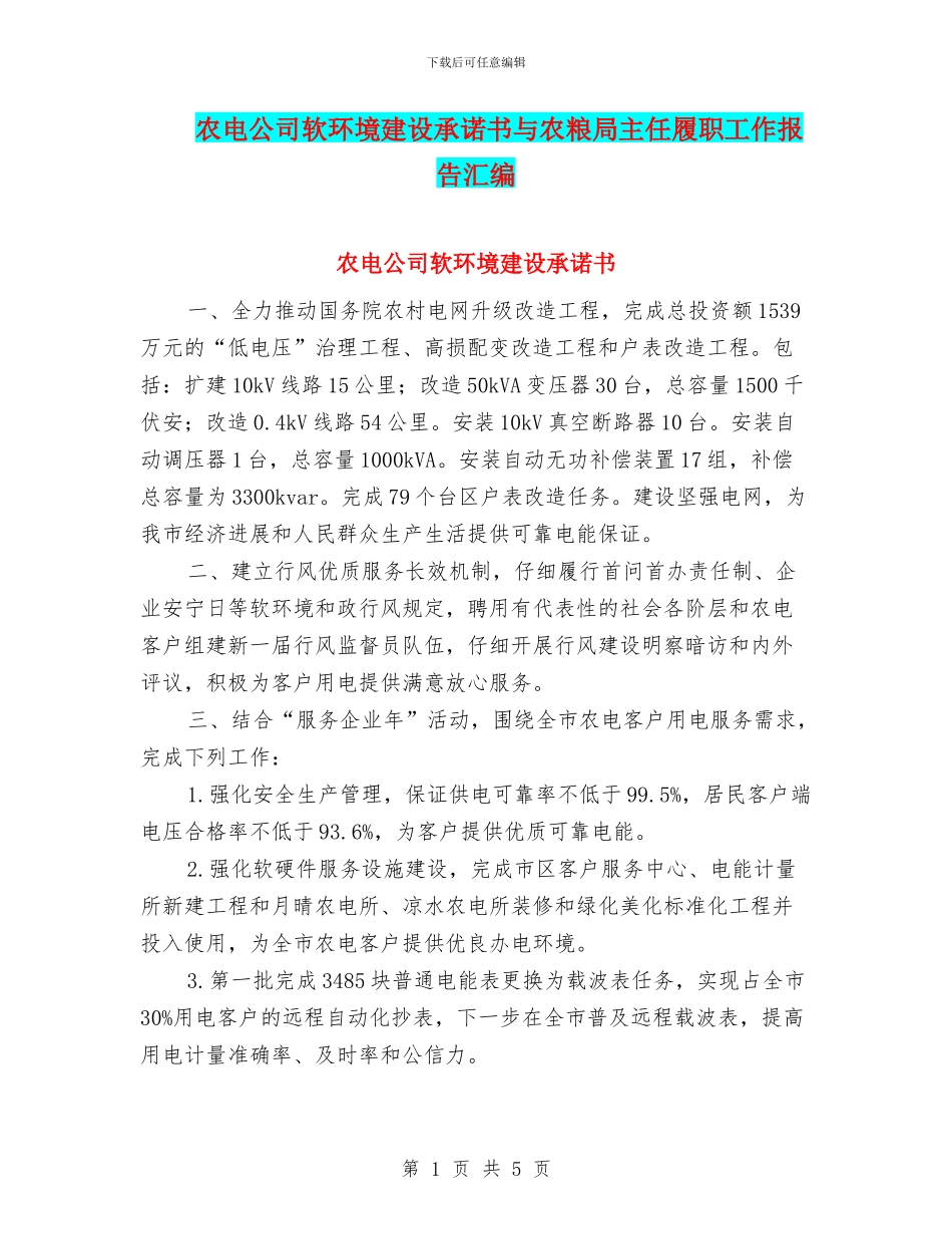 农电公司软环境建设承诺书与农粮局主任履职工作报告汇编_第1页