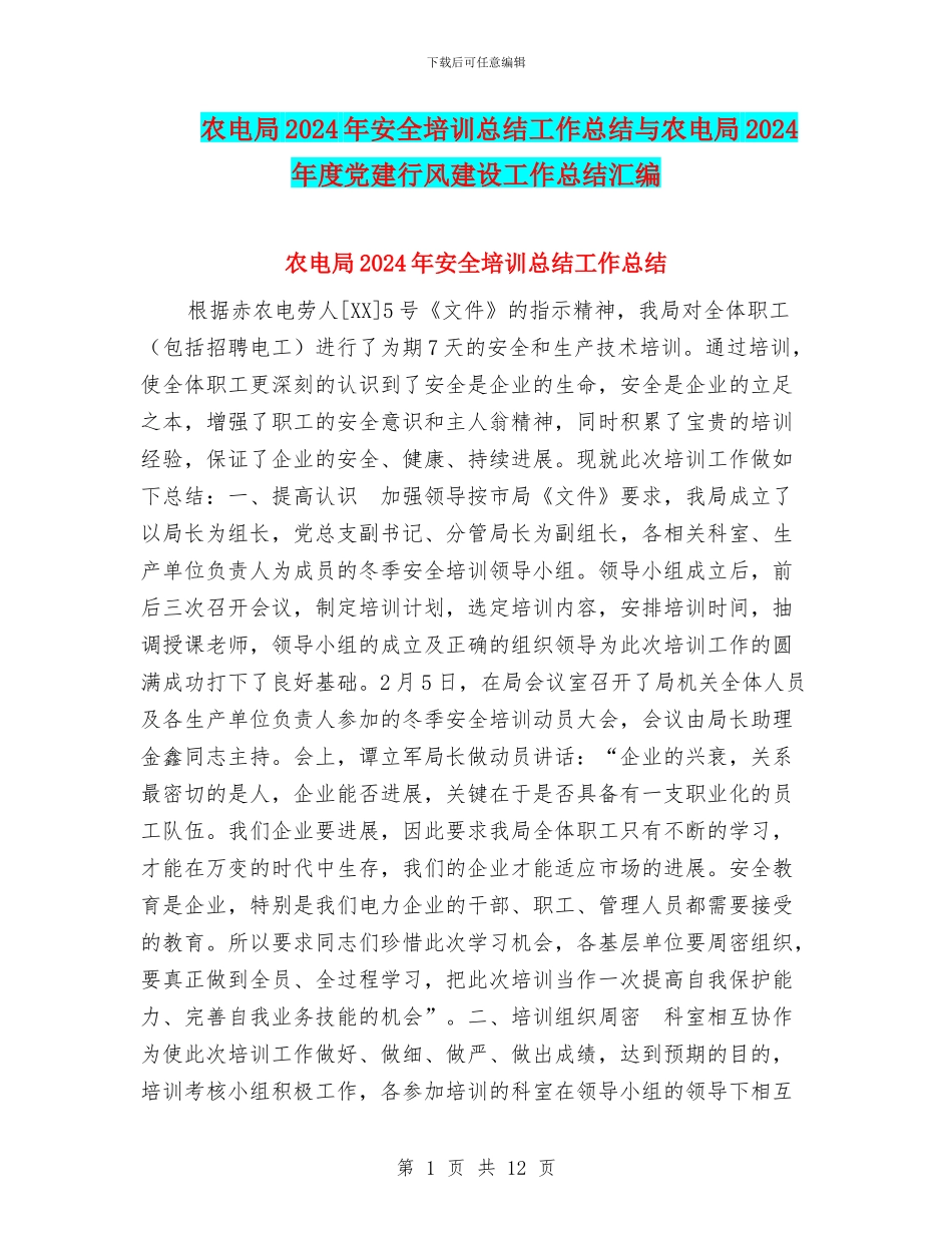 农电局2024年安全培训总结工作总结与农电局2024年度党建行风建设工作总结汇编_第1页