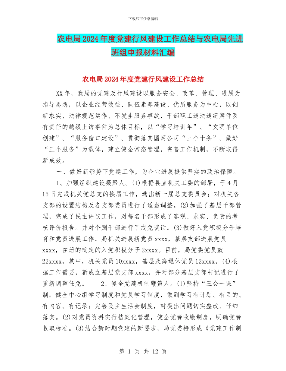 农电局2024年度党建行风建设工作总结与农电局先进班组申报材料汇编_第1页