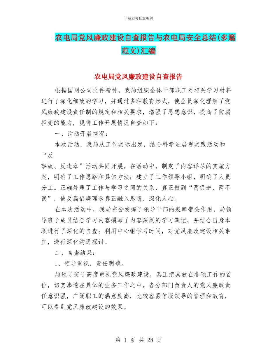 农电局党风廉政建设自查报告与农电局安全总结汇编_第1页