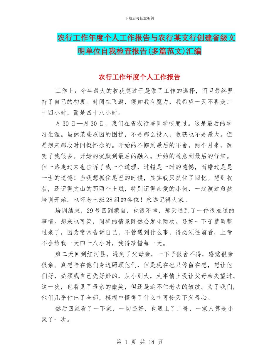 农行工作年度个人工作报告与农行某支行创建省级文明单位自我检查报告汇编_第1页