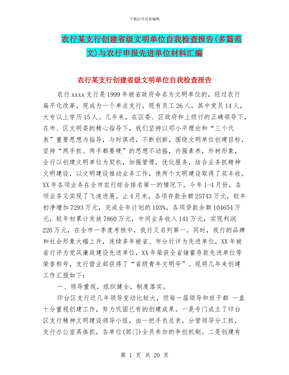 农行某支行创建省级文明单位自我检查报告与农行申报先进单位材料汇编_第1页