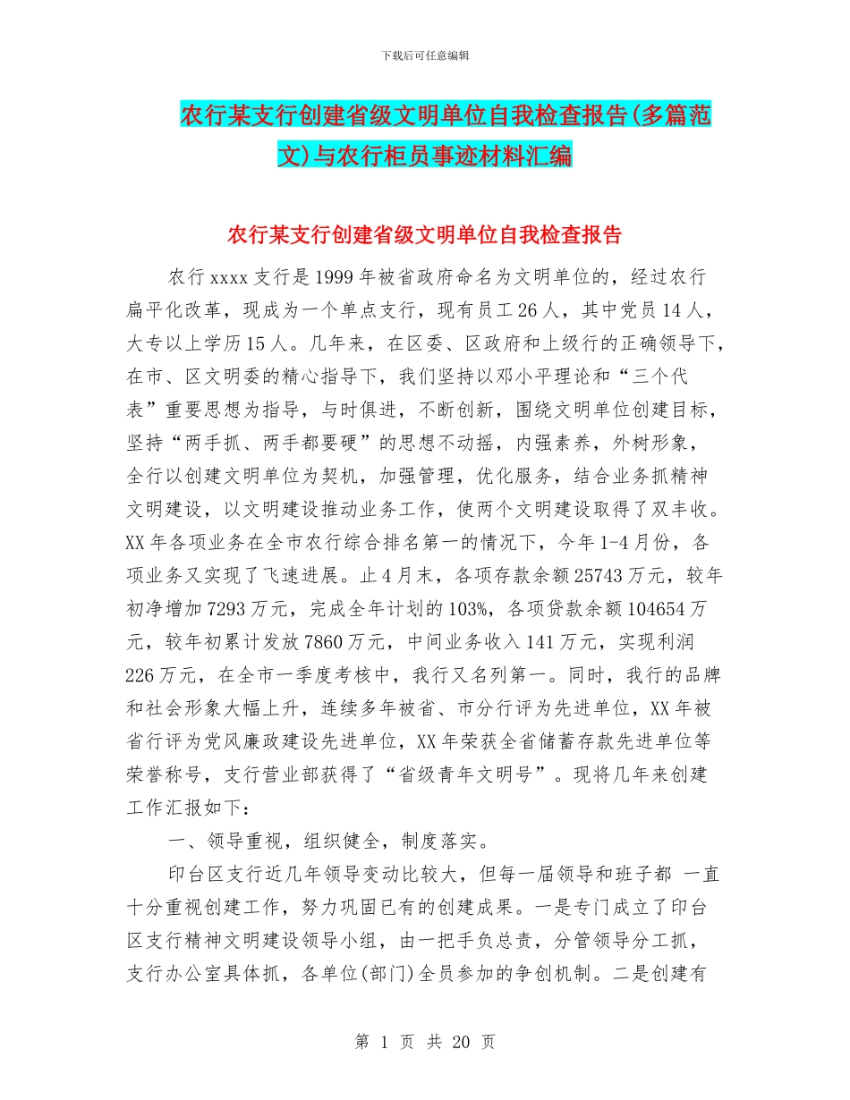 农行某支行创建省级文明单位自我检查报告与农行柜员事迹材料汇编_第1页