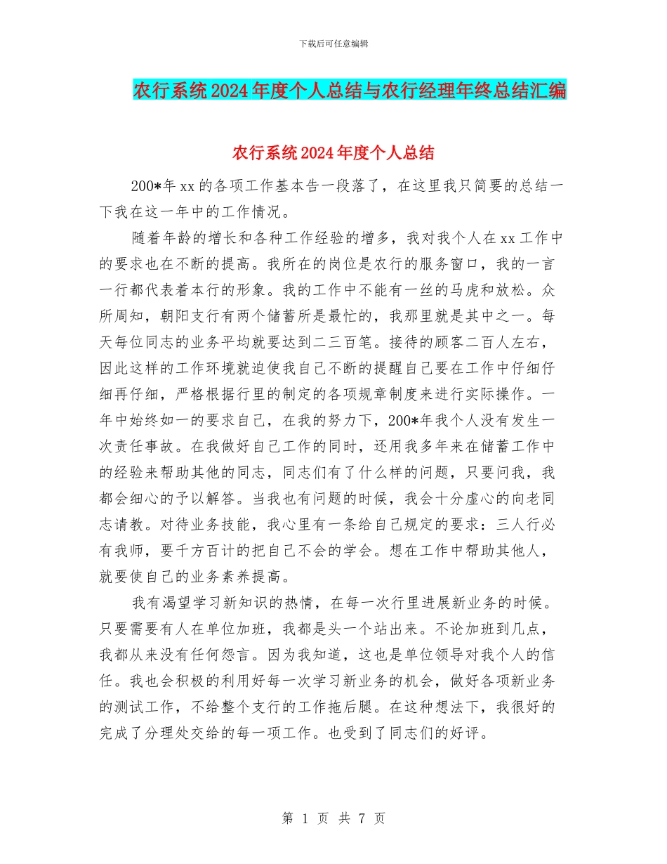 农行系统2024年度个人总结与农行经理年终总结汇编_第1页