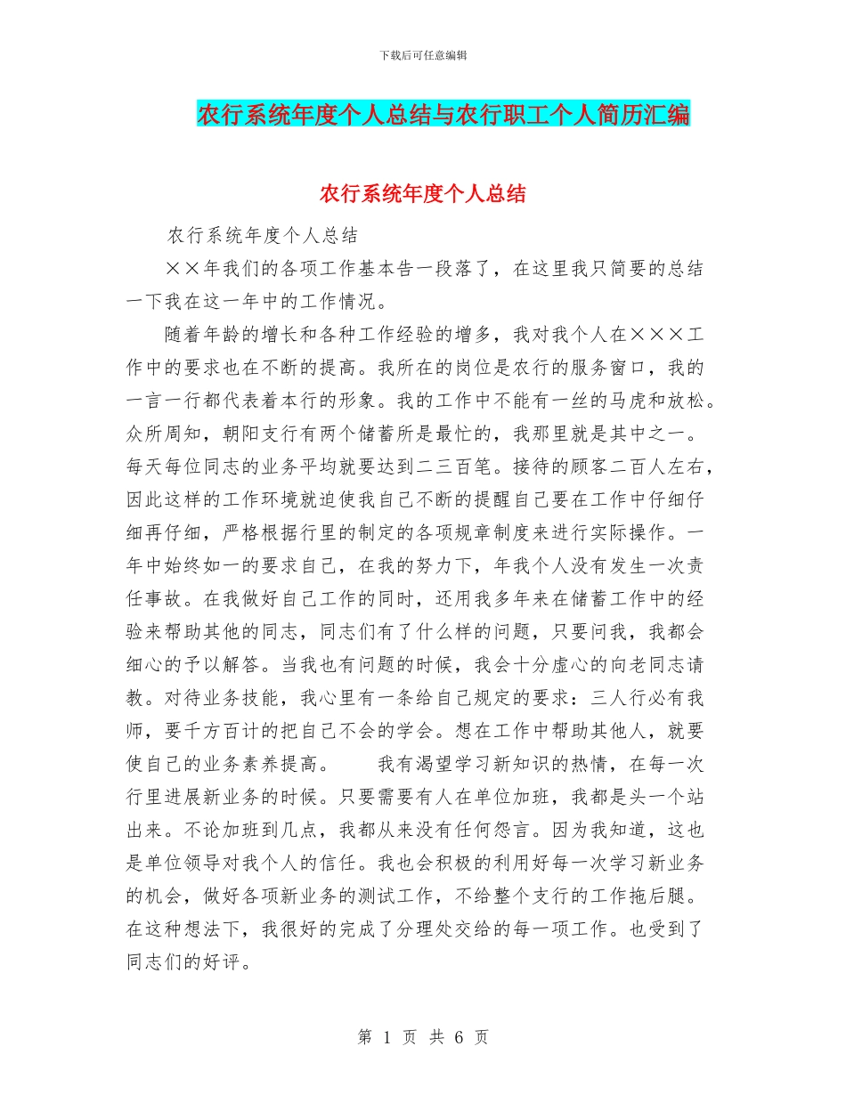 农行系统年度个人总结与农行职工个人简历汇编_第1页