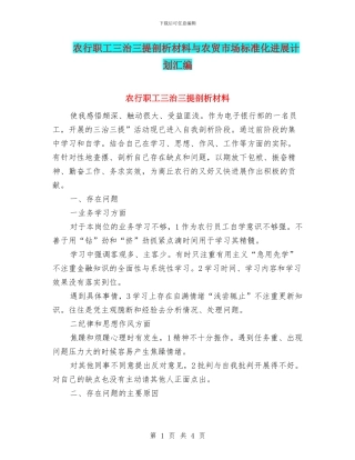 农行职工三治三提剖析材料与农贸市场标准化发展计划汇编