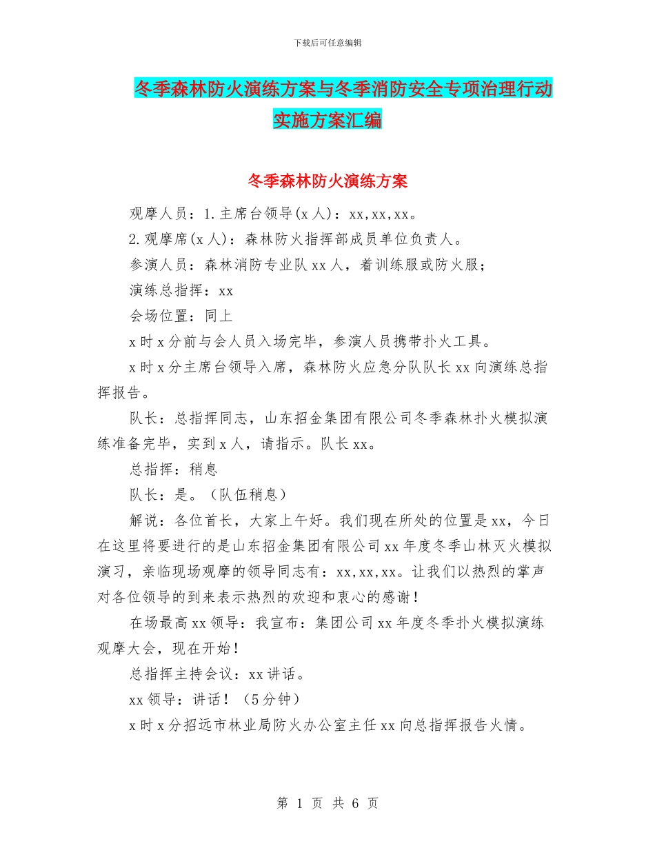 冬季森林防火演练方案与冬季消防安全专项治理行动实施方案汇编_第1页