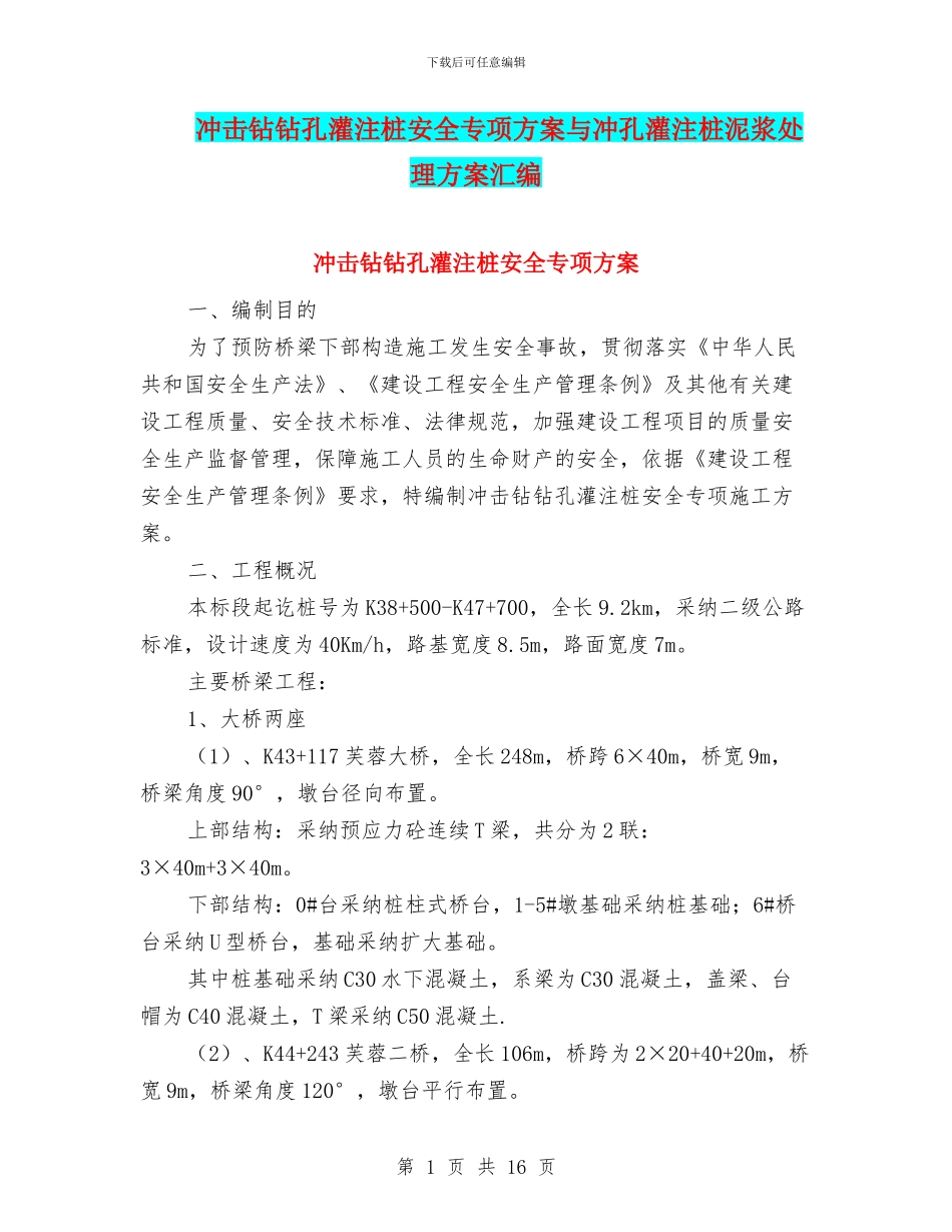 冲击钻钻孔灌注桩安全专项方案与冲孔灌注桩泥浆处理方案汇编_第1页