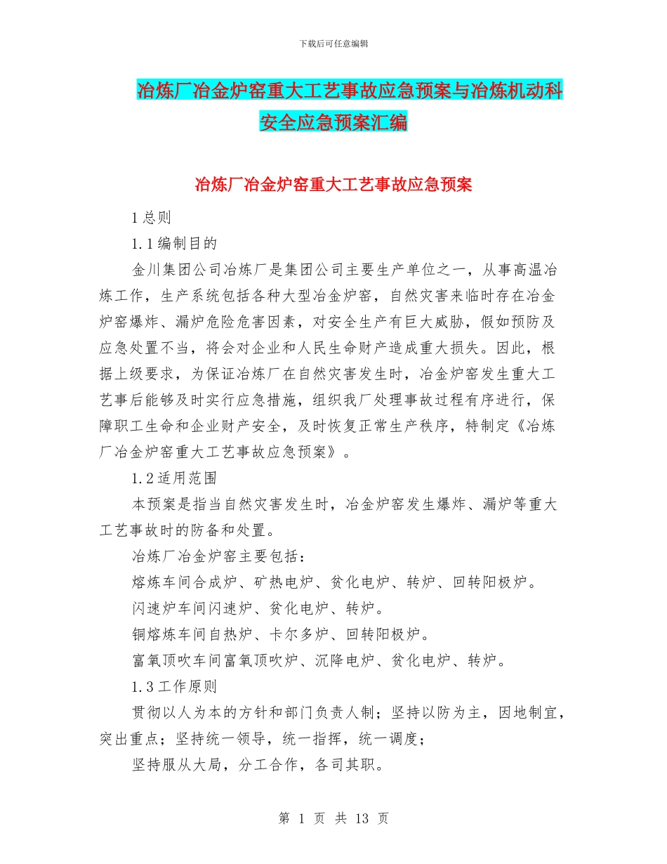 冶炼厂冶金炉窑重大工艺事故应急预案与冶炼机动科安全应急预案汇编_第1页