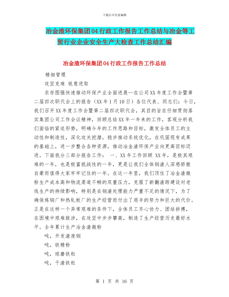 冶金渣环保集团04行政工作报告工作总结与冶金等工贸行业企业安全生产大检查工作总结汇编_第1页