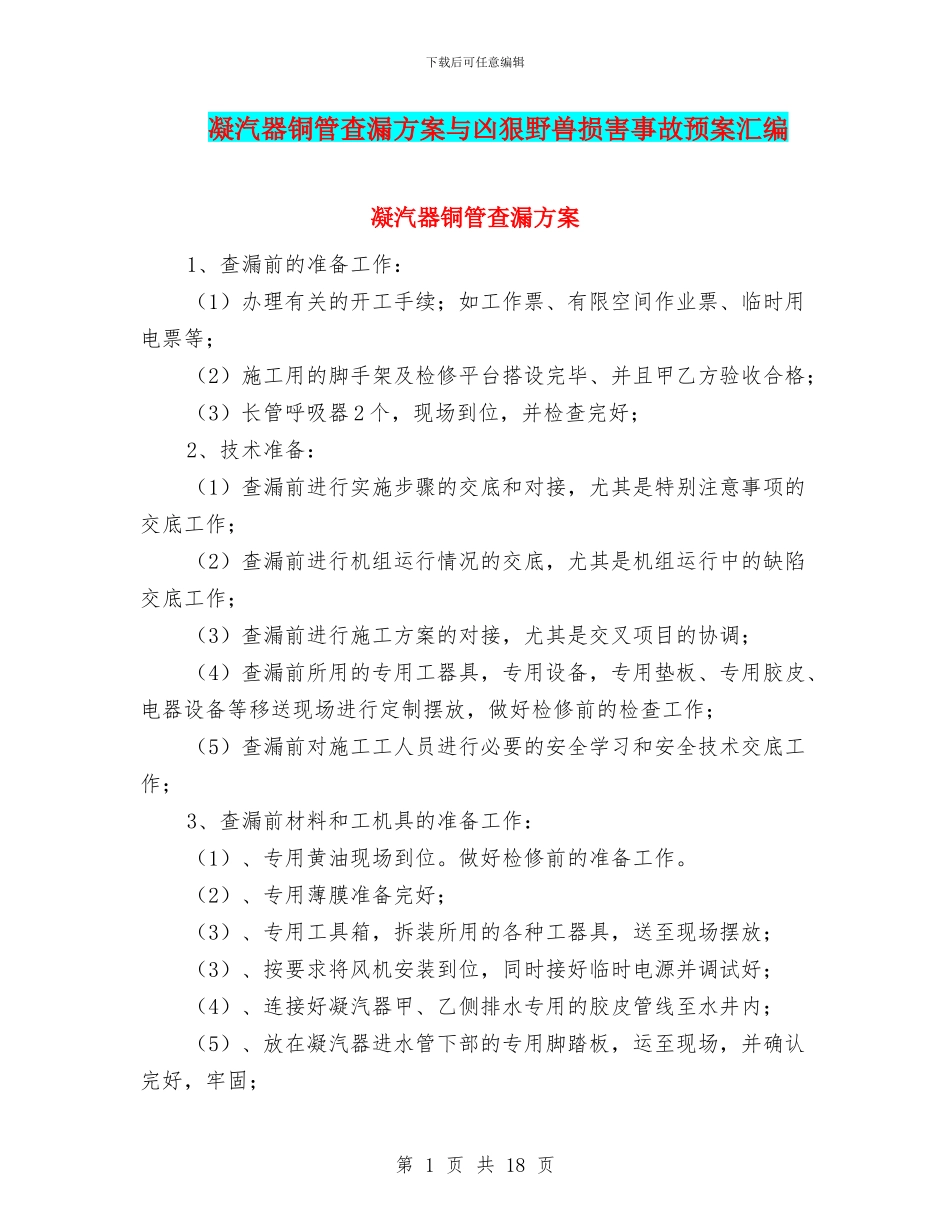 凝汽器铜管查漏方案与凶猛野兽伤害事故预案汇编_第1页