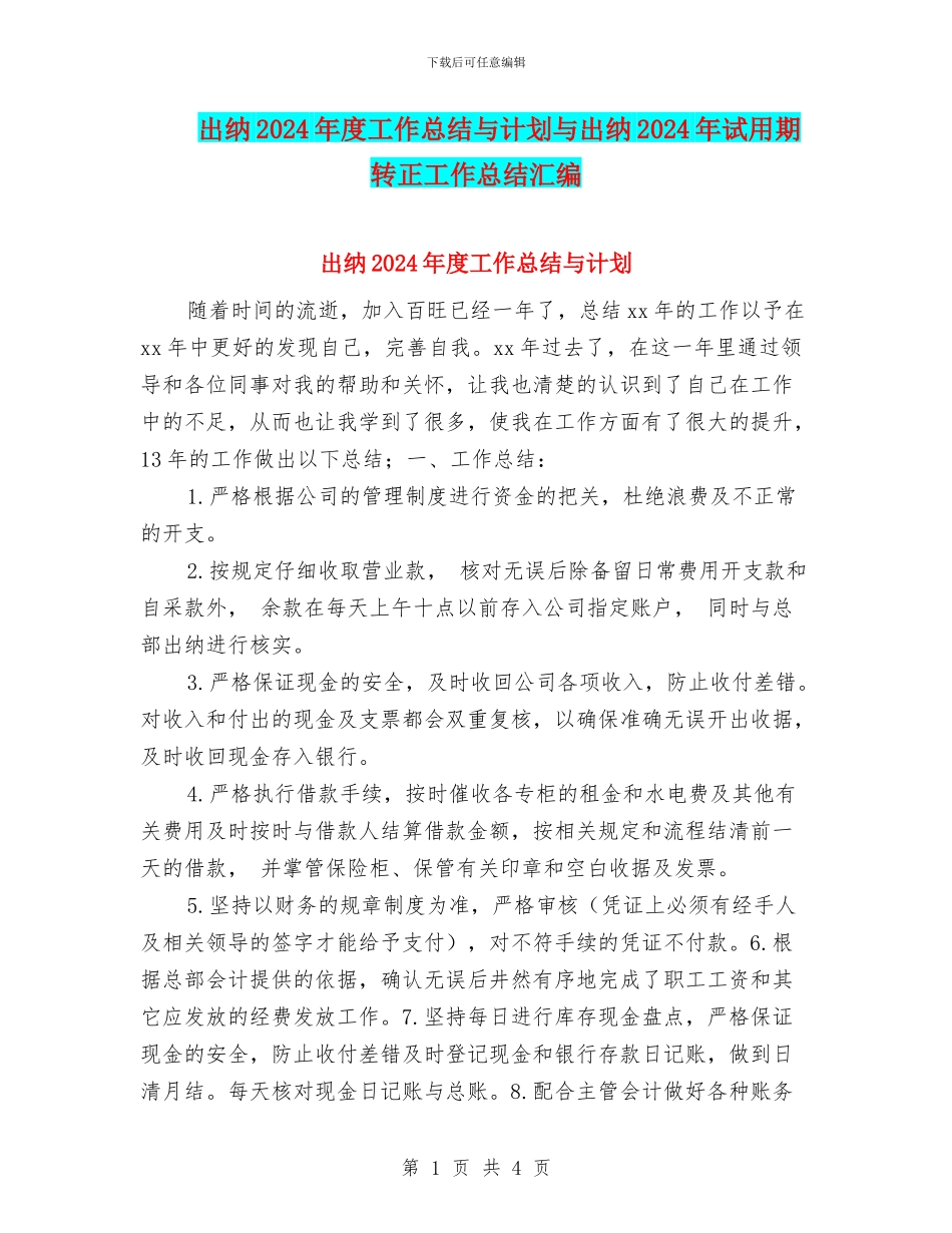 出纳2024年度工作总结与计划与出纳2024年试用期转正工作总结汇编_第1页