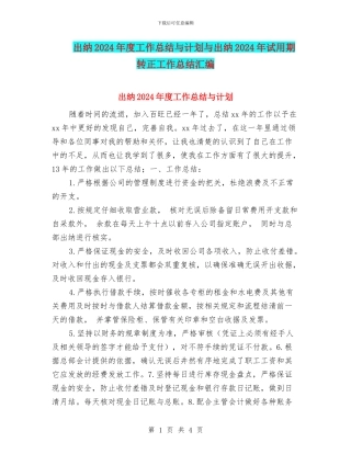 出纳2024年度工作总结与计划与出纳2024年试用期转正工作总结汇编