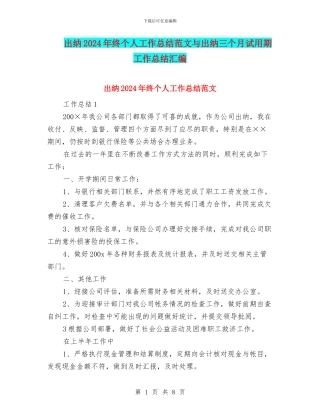 出纳2024年终个人工作总结范文与出纳三个月试用期工作总结汇编