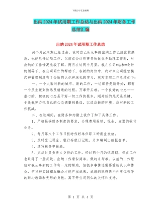 出纳2024年试用期工作总结与出纳2024年财务工作总结汇编