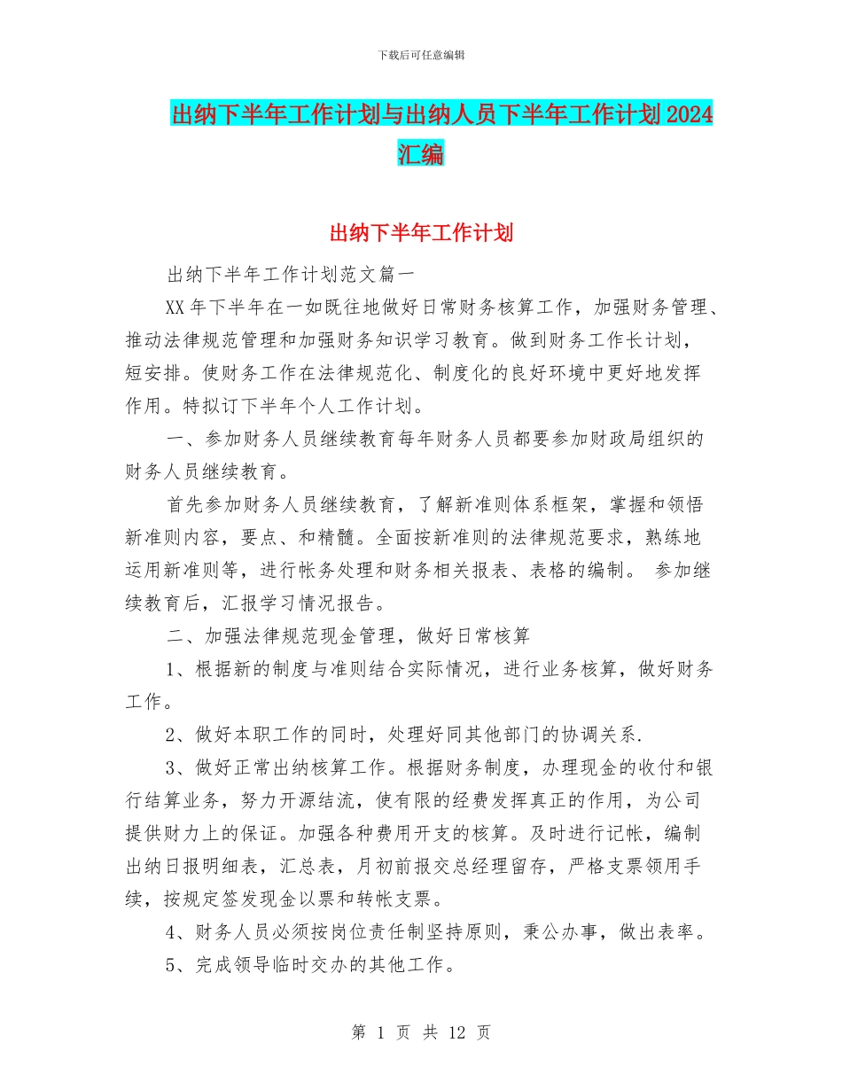 出纳下半年工作计划与出纳人员下半年工作计划2024汇编_第1页