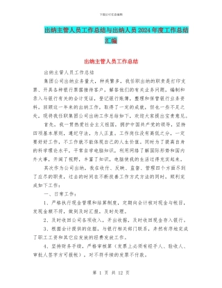 出纳主管人员工作总结与出纳人员2024年度工作总结汇编