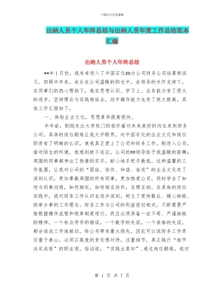出纳人员个人年终总结与出纳人员年度工作总结范本汇编