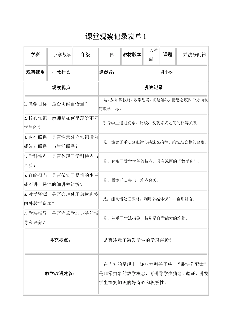 【学员胡小妹】课堂观察记录表单_第1页