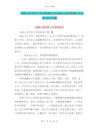 出纳人员年终工作总结范文与出纳人员试用期工作总结2024汇编