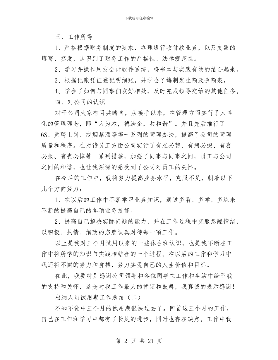 出纳人员试用期工作总结与出纳人员试用期工作总结范文2024汇编_第2页