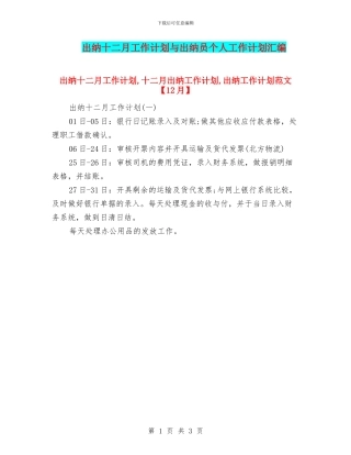 出纳十二月工作计划与出纳员个人工作计划汇编