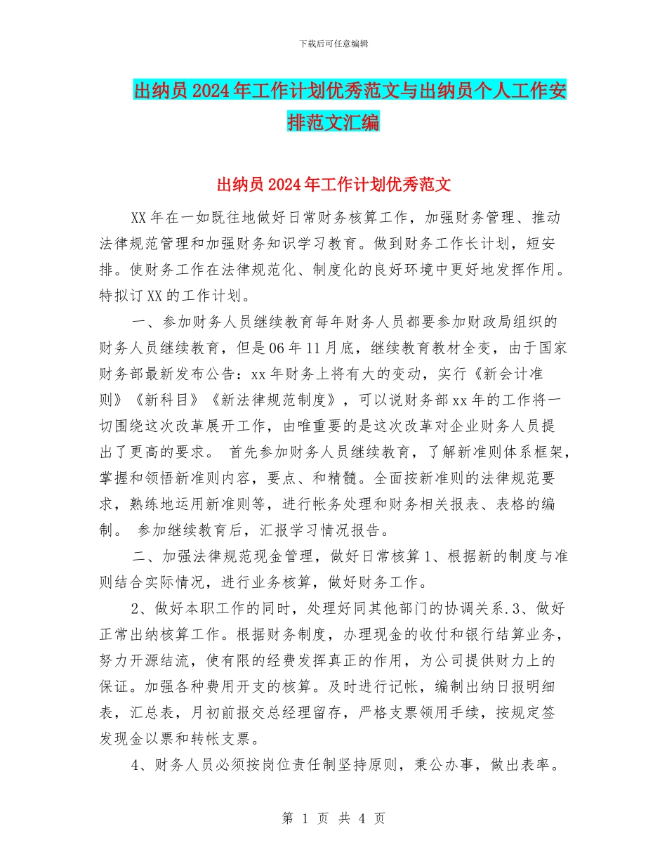 出纳员2024年工作计划优秀范文与出纳员个人工作安排范文汇编_第1页