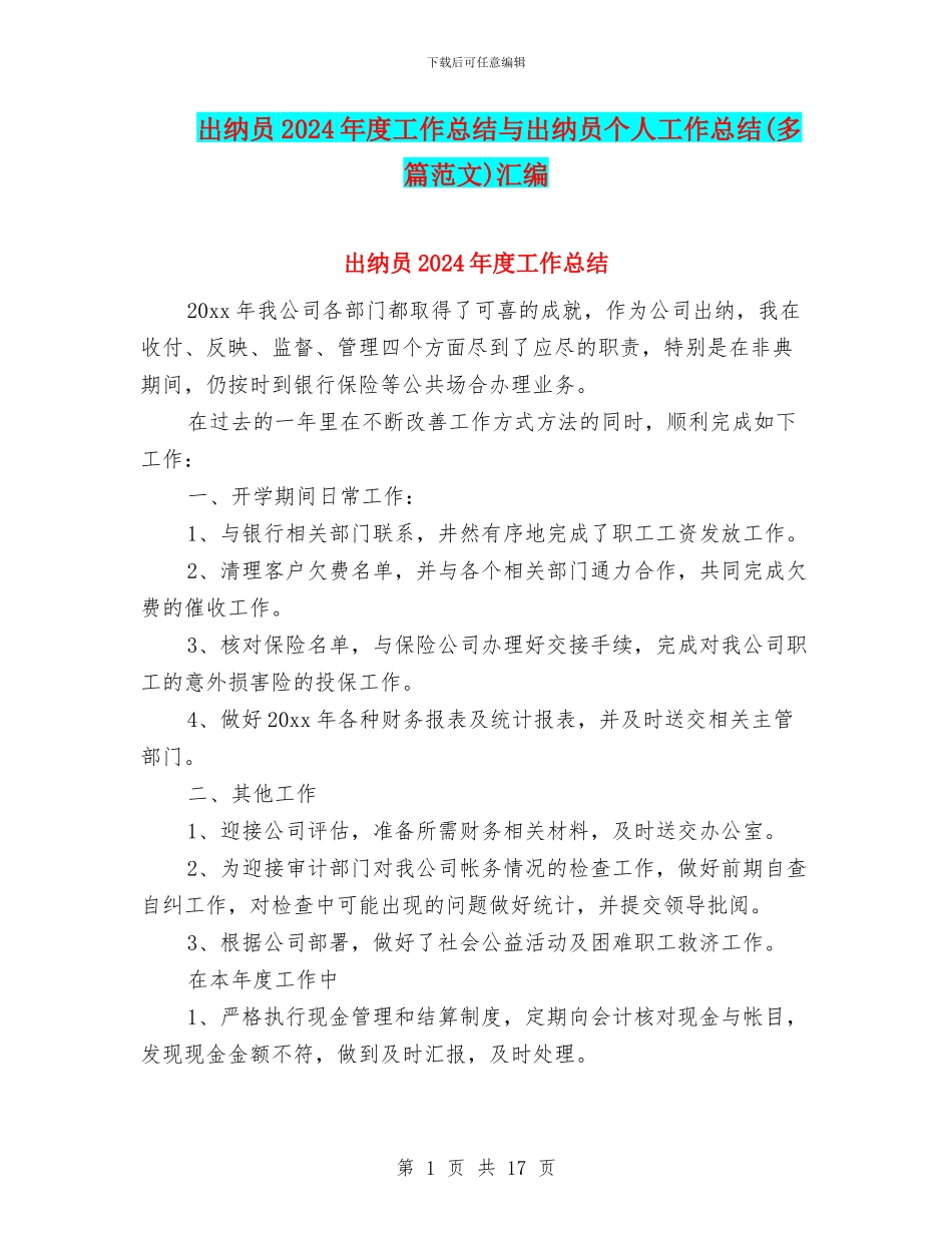 出纳员2024年度工作总结与出纳员个人工作总结汇编_第1页