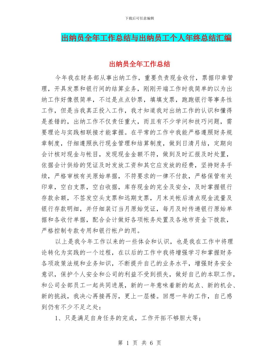 出纳员全年工作总结与出纳员工个人年终总结汇编_第1页
