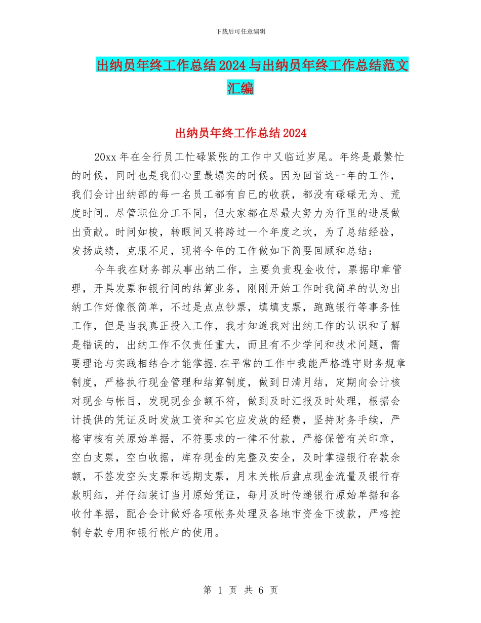 出纳员年终工作总结2024与出纳员年终工作总结范文汇编_第1页