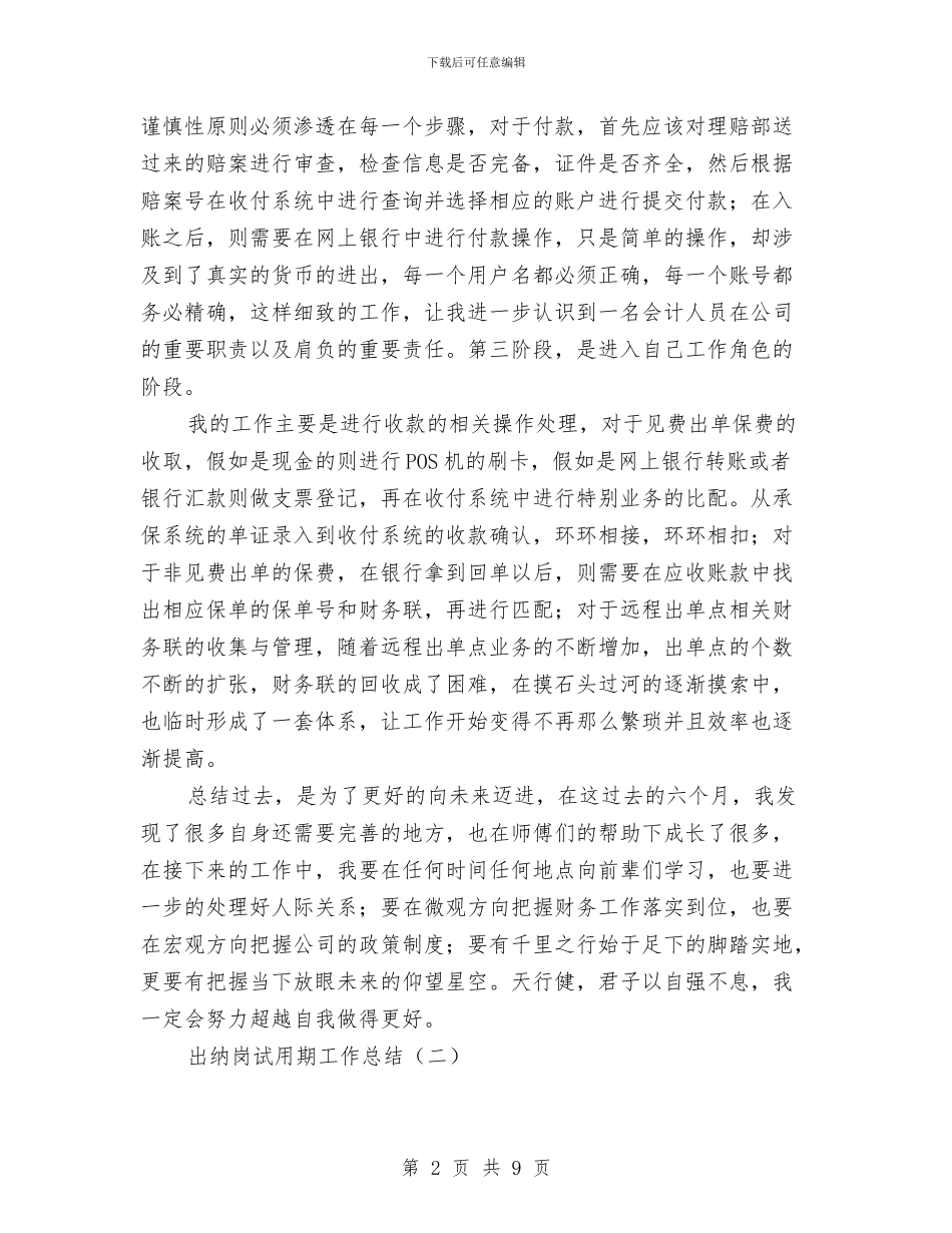 出纳岗试用期工作总结与出纳工作与计划总结汇编_第2页
