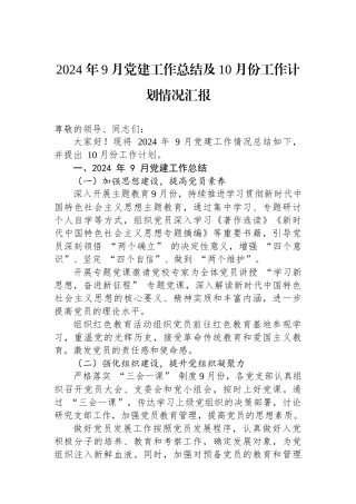 2024年9月党建工作总结及10月份工作计划情况汇报