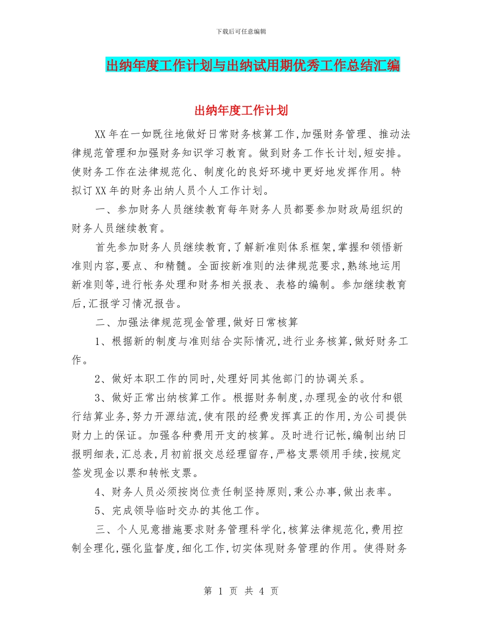 出纳年度工作计划与出纳试用期优秀工作总结汇编_第1页