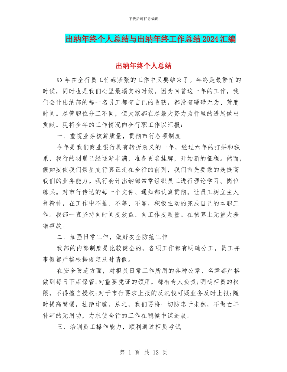 出纳年终个人总结与出纳年终工作总结2024汇编_第1页