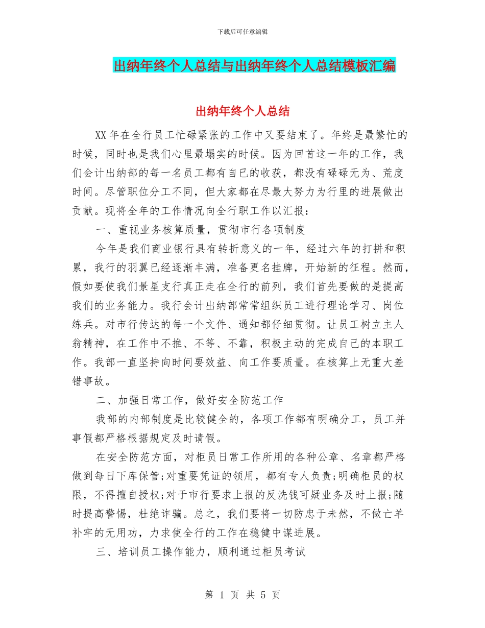 出纳年终个人总结与出纳年终个人总结模板汇编_第1页