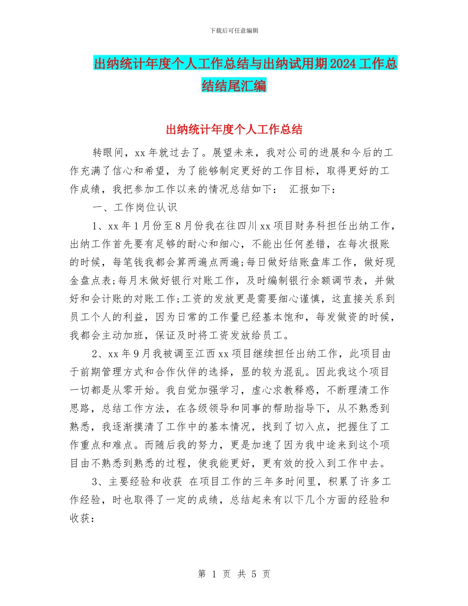 出纳统计年度个人工作总结与出纳试用期2024工作总结结尾汇编_第1页