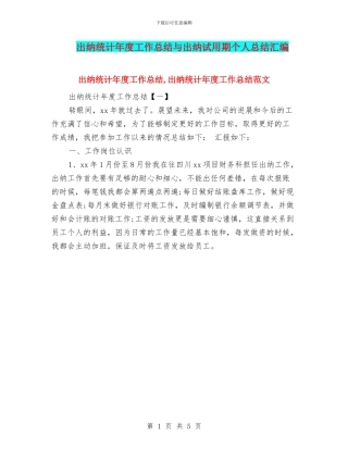 出纳统计年度工作总结与出纳试用期个人总结汇编