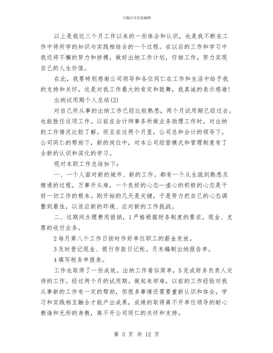 出纳试用期个人总结精选与出纳试用期工作总结2024汇编_第3页