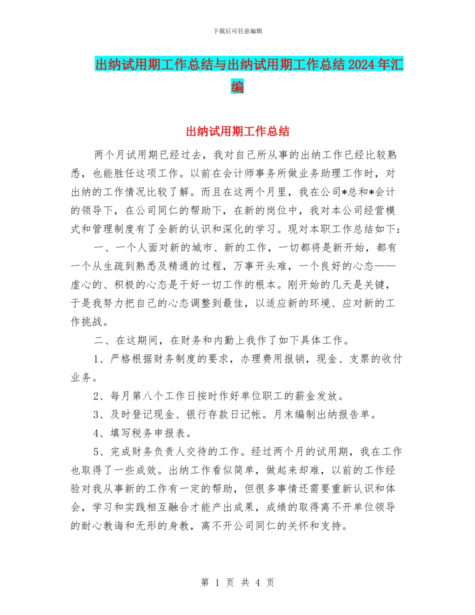 出纳试用期工作总结与出纳试用期工作总结2024年汇编_第1页