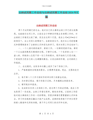 出纳试用期工作总结与出纳试用期工作总结2024年汇编
