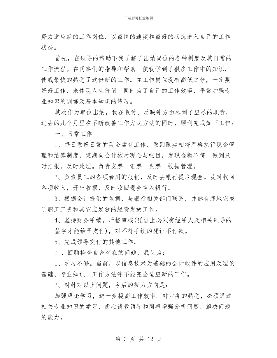 出纳试用期工作总结与出纳试用期工作总结范文汇编_第3页