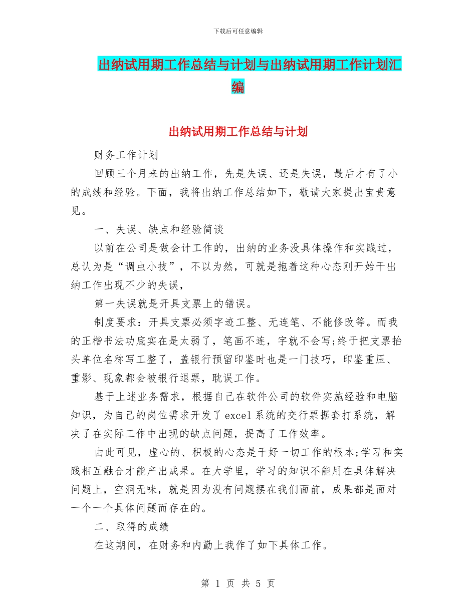 出纳试用期工作总结与计划与出纳试用期工作计划汇编_第1页