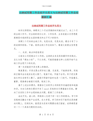 出纳试用期工作总结开头范文与出纳试用期工作总结最新汇编